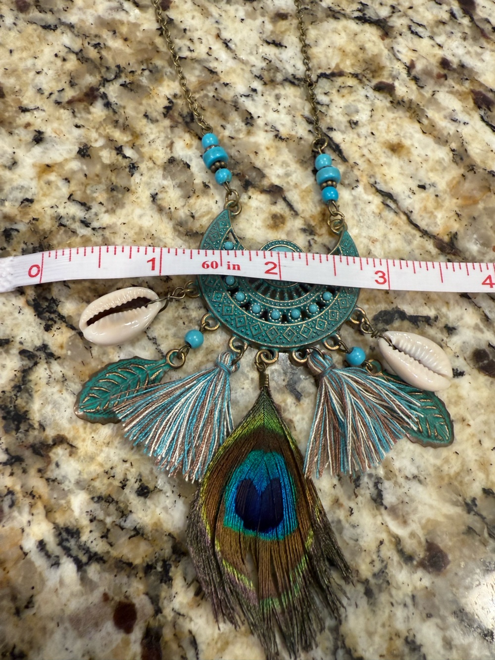Coastal Cowgirl necklace peacock feather seashell embellishments 18” - Picture 5 of 8